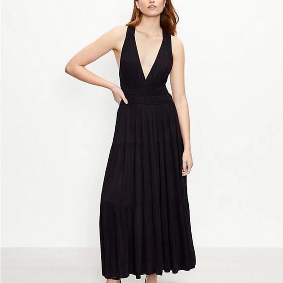 LOFT Beach Black Maxi Dress Sleeveless Deep V Neck Smocked Waist‎ Resortwear - Picture 1 of 8